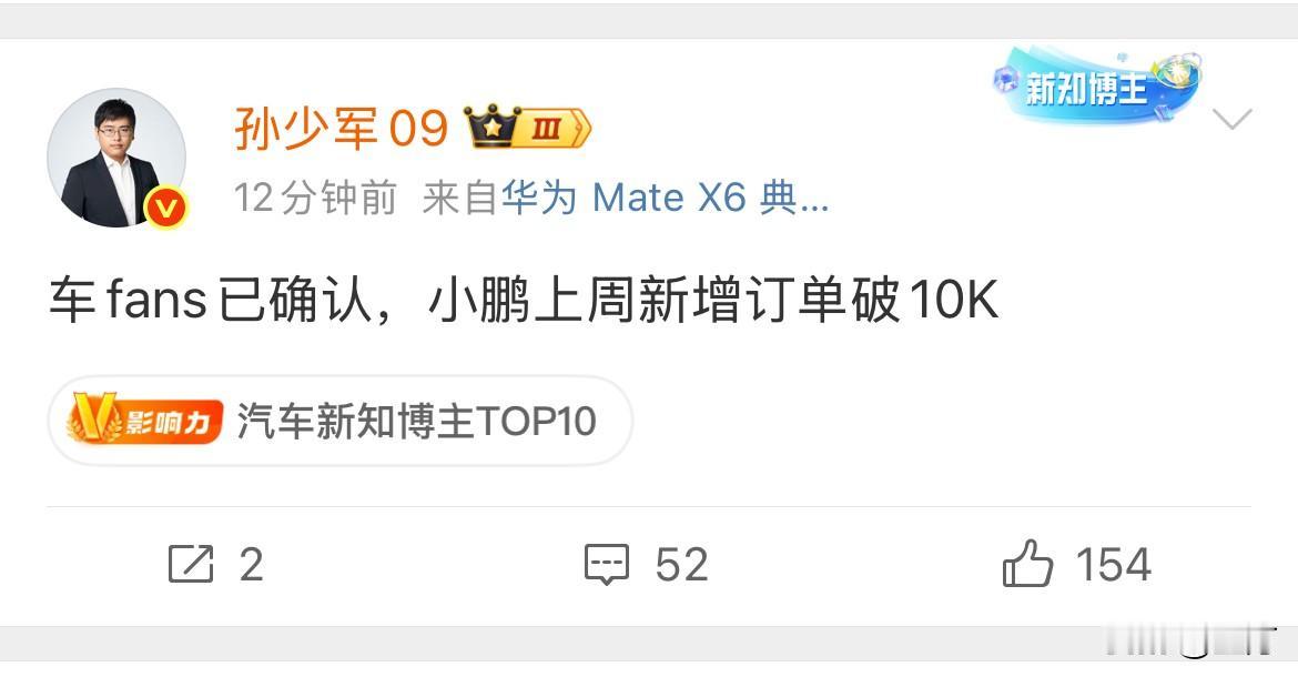孙少军：车fans已确认，小鹏上周新增订单破10K ​​​！

其实从这几周的表