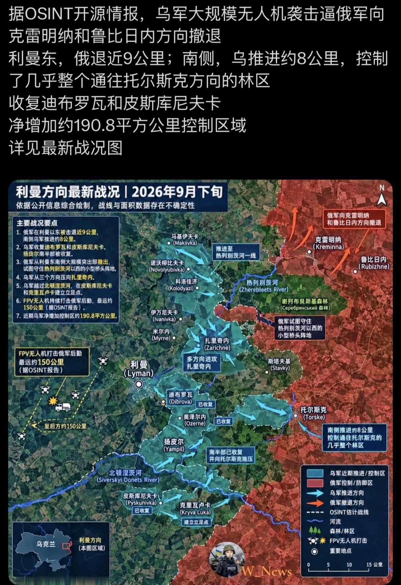 俄军在利曼附近的战线已崩溃，被乌军击退近9公里