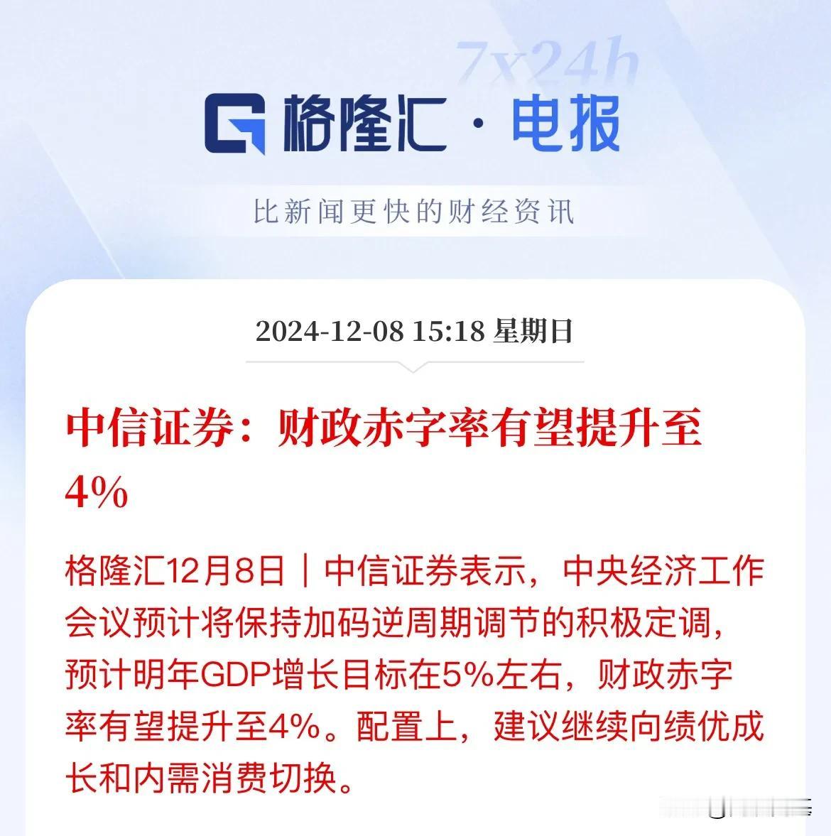 中信再曝利好：会议的政策基调估计积极，财政赤字有望提升至4%

在市场静待和博弈