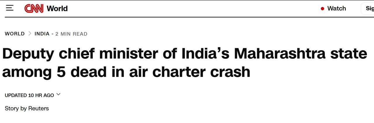印度部长在包机坠毁，5人遇难
当地时间周三，印度最富裕的马哈拉施特拉邦副首席部长