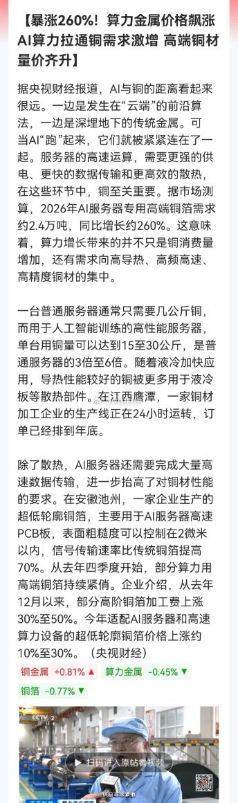 央视财经点名“算力铜”！       是似曾相识的“锂矿”行情？消息上：AI服务
