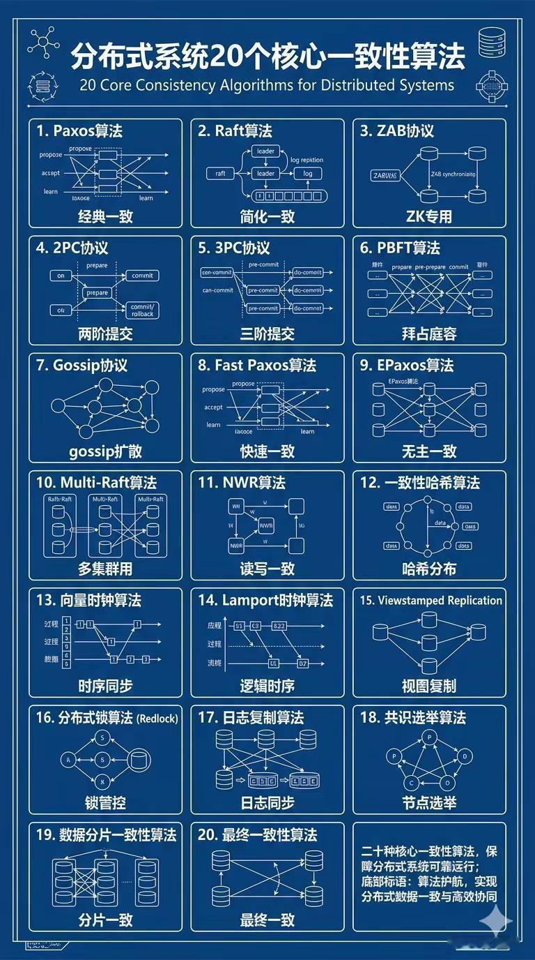 分布式系统20个核心一致性算法。从Paxos、Raft到Zab与Gossip，这