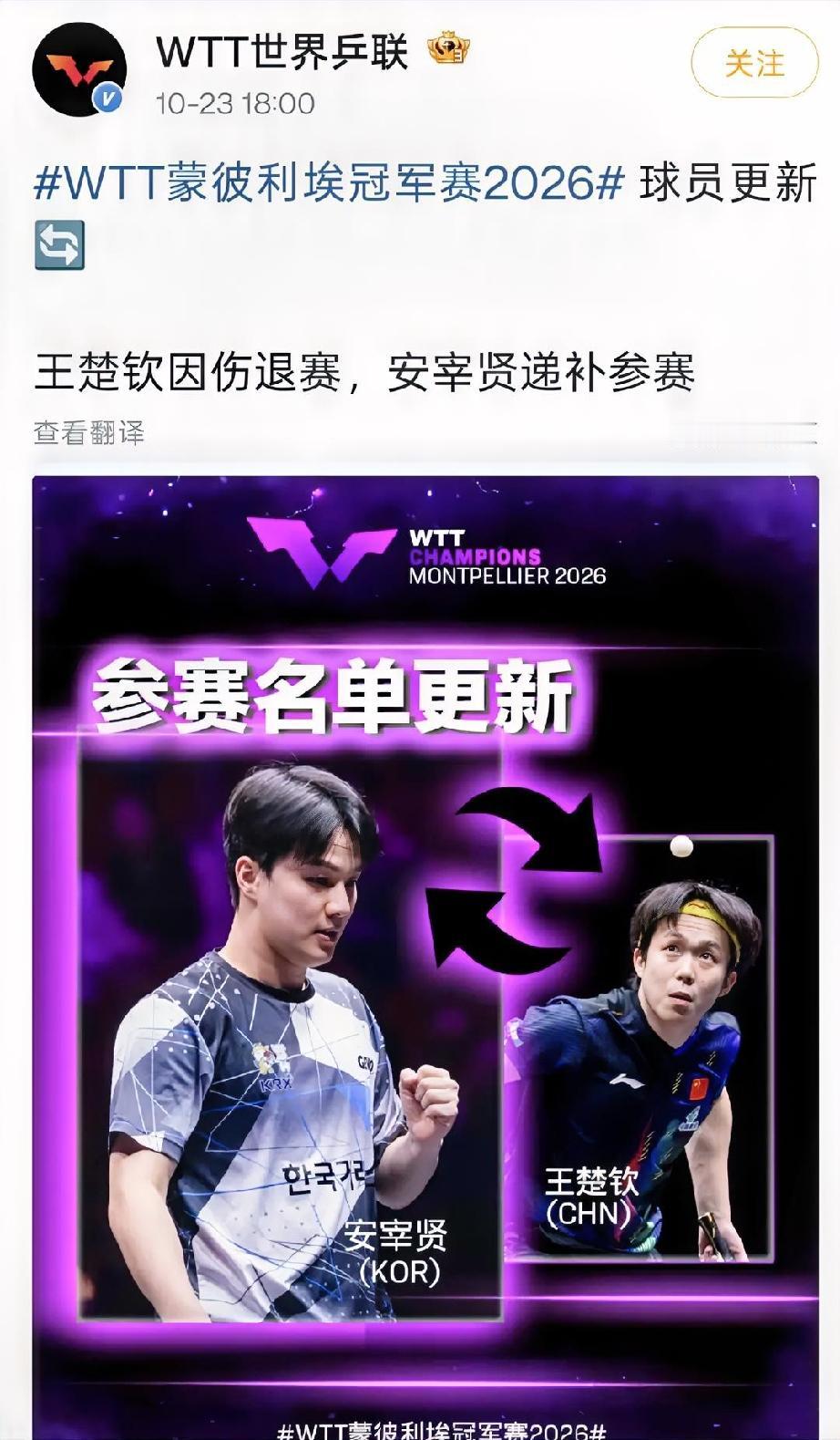 蒙彼利埃冠军赛，王楚钦伤退，安宰贤递补参赛

男明星：楚钦欧巴，真的不能一起抱抱