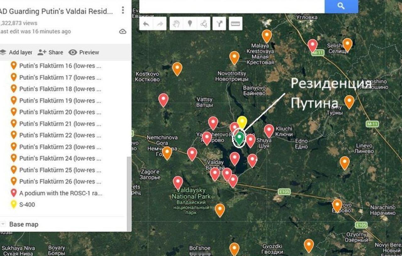 卫星图显示，普京的官邸附近，又增加了7座“铠甲”防空系统。

这样就达到了27座