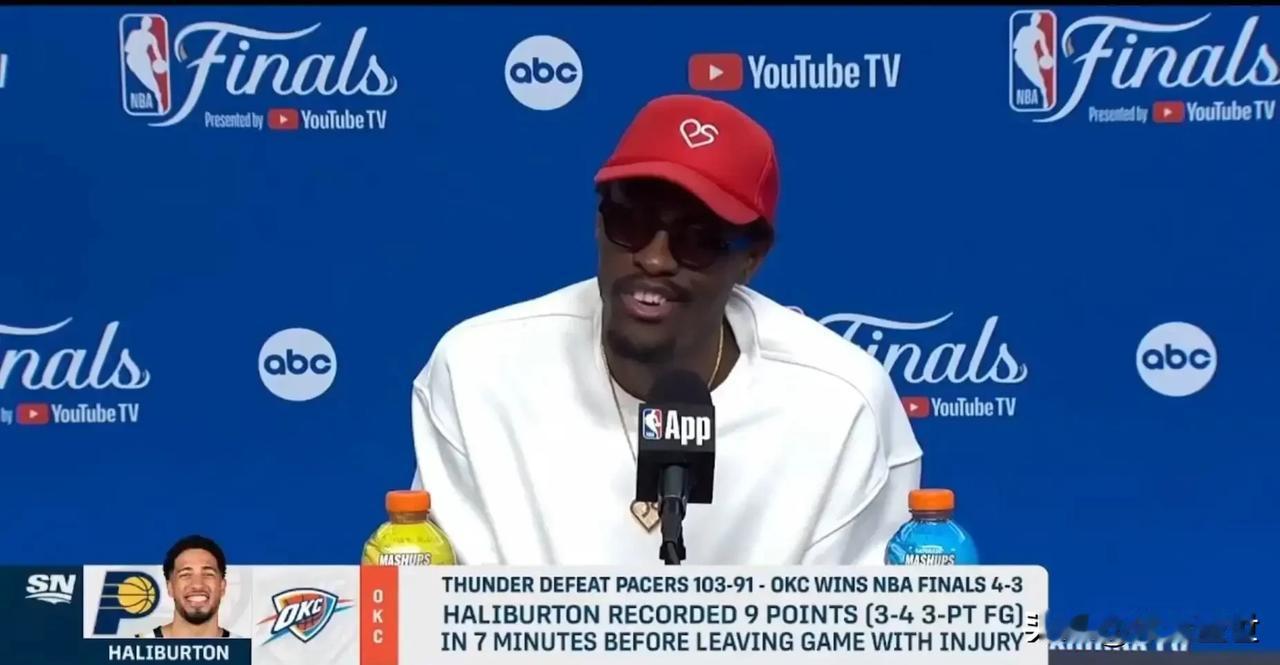 今日NBA总决赛G7，步行者91-103不敌雷霆。西亚卡姆接受了记者的采访三句话