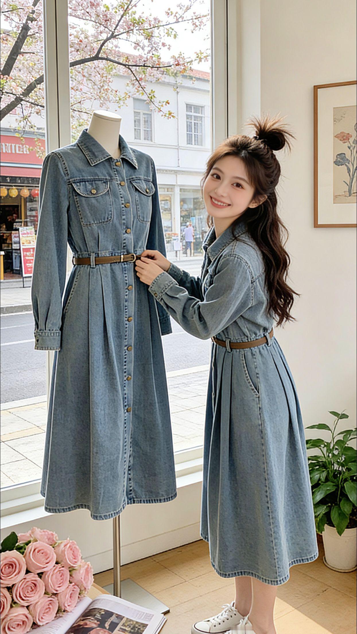 从明亮的室内试衣间出发，Danny穿上这条蓝色港风牛仔裙，复古翻领搭配收腰设计，