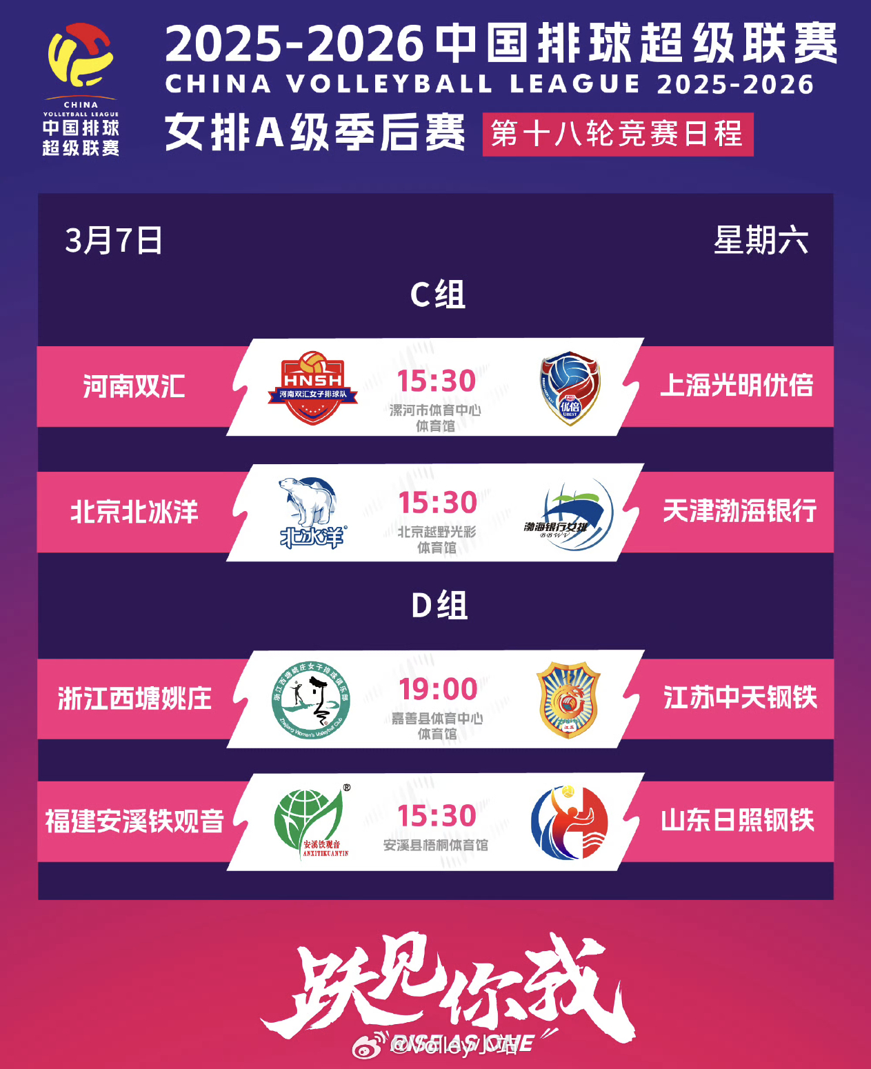 排超联赛季后赛第4轮赛程安排如下图焦点战：北京女排 vs 天津女排排超联赛202