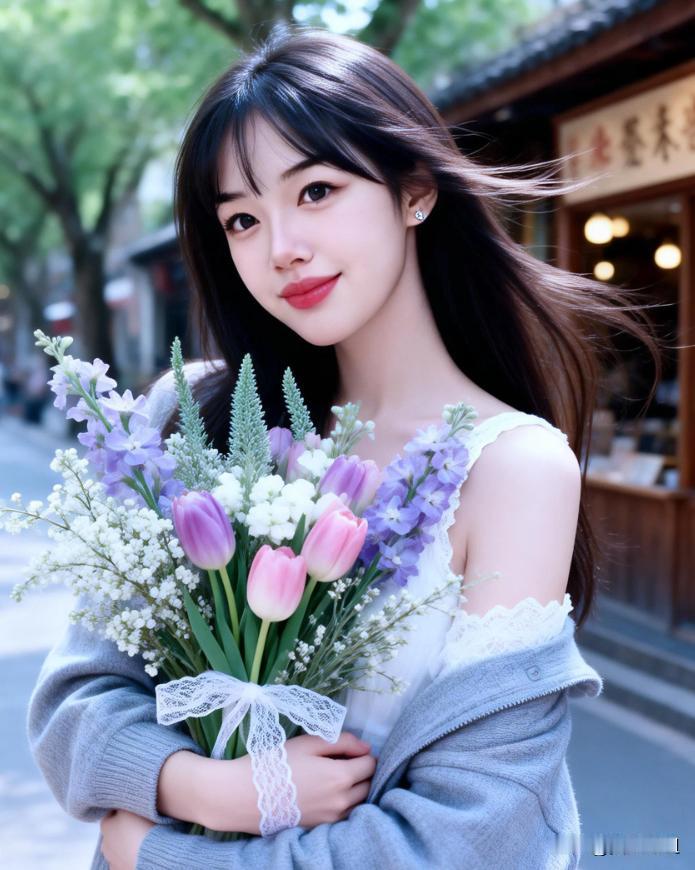 春日花束，甜美少女，漫步街头，花海相伴