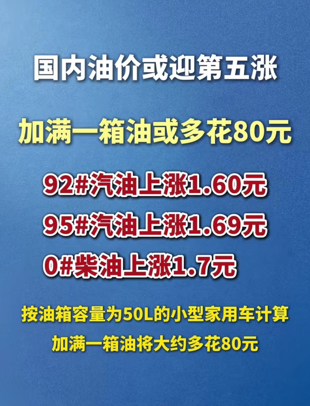 国内油价迎第5轮上涨，92号汽油每升或上涨1.6元！

主要还是国际油价波动太厉
