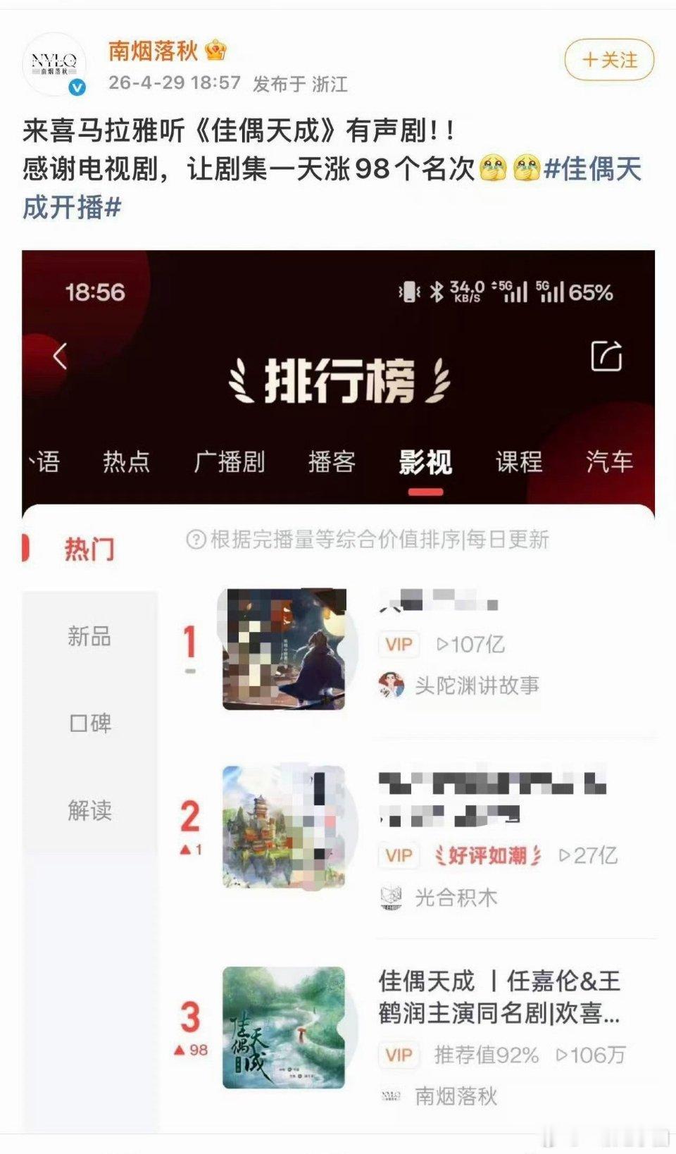 任嘉伦《佳偶天成》带动原著有声剧一天内大涨，拉升98个名次，飙升到第3️⃣！！ 