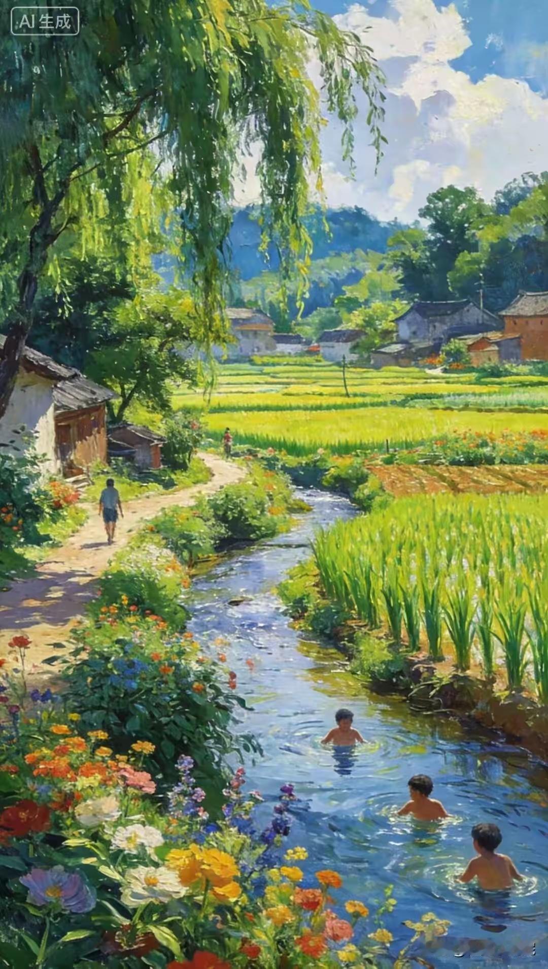 天净沙·村外即景
村溪曲绕田畴，
少年捉蟹嬉游。
少女桑间采秀。
岁华如酒，
乡