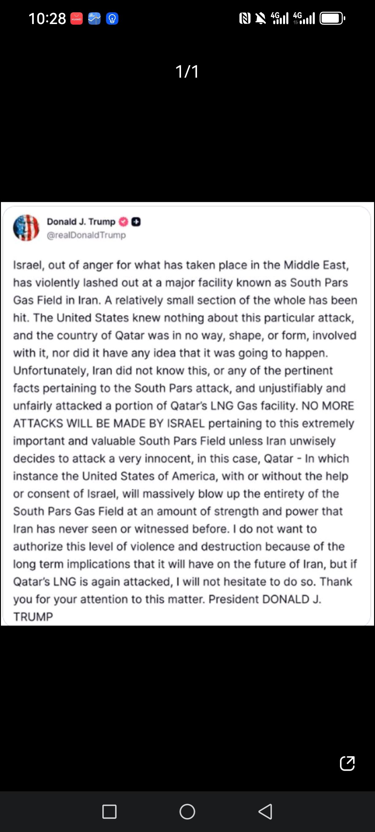 美国总统特朗普当地时间18日最新表示：以色列不会再对伊朗南帕尔斯气田发动袭击，卡