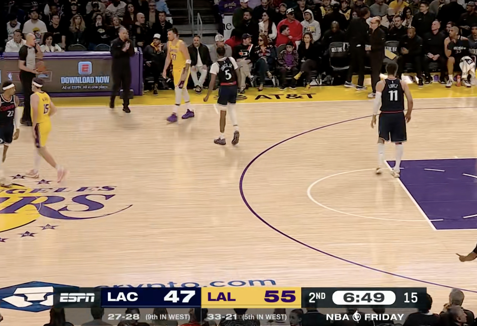 暂停！湖人55-47快船！第二节还有6分49秒快船vs湖人