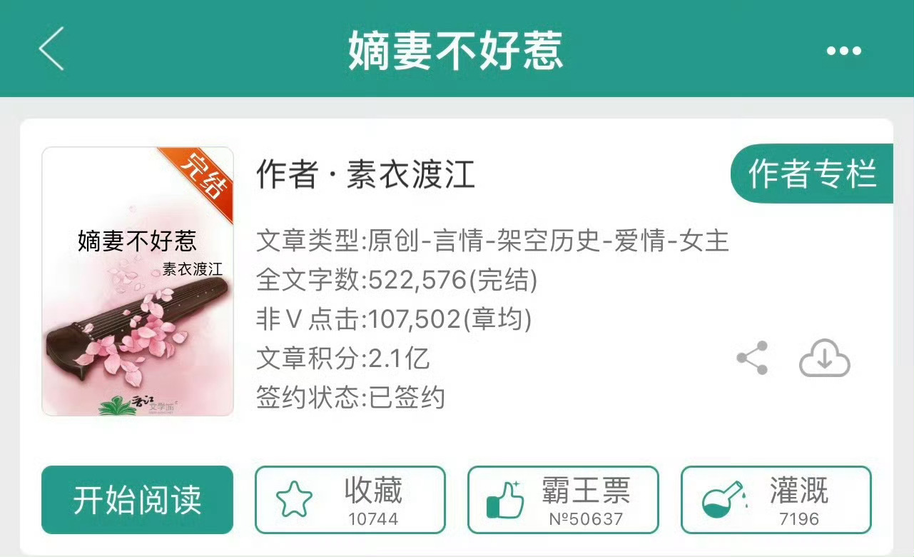 小说推荐：《嫡妻不好惹》 作者:素衣渡江简评：医药世家女主vs风流锦衣卫男主，强