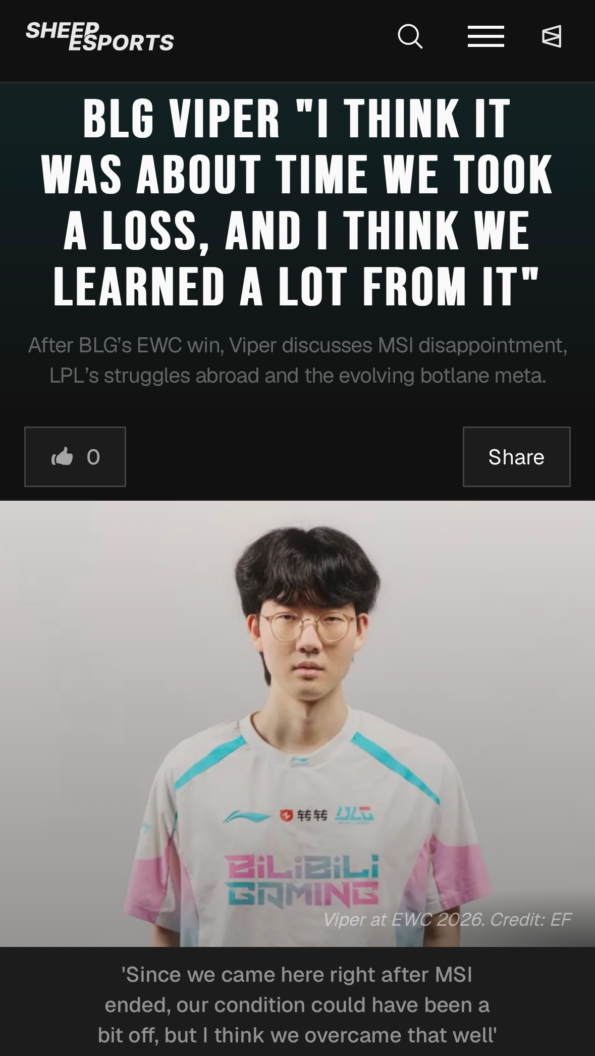 Sheep Esports赛后专访BLG.Viper："我想 我们也是时候经历一