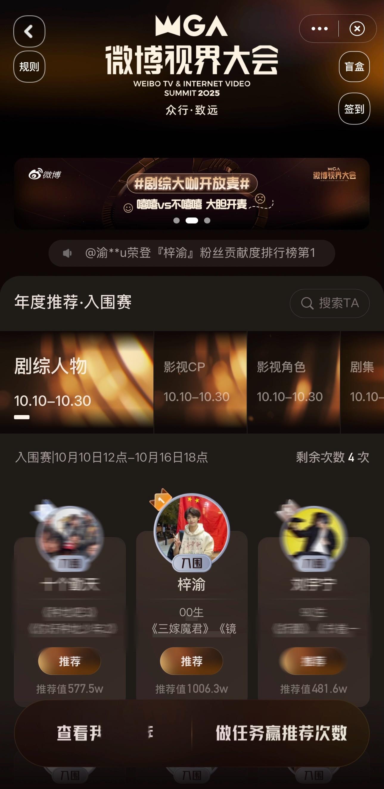梓渝微博视界大会剧综人物榜得票破1000w，太厉害了，第二名577.5w，这个梓