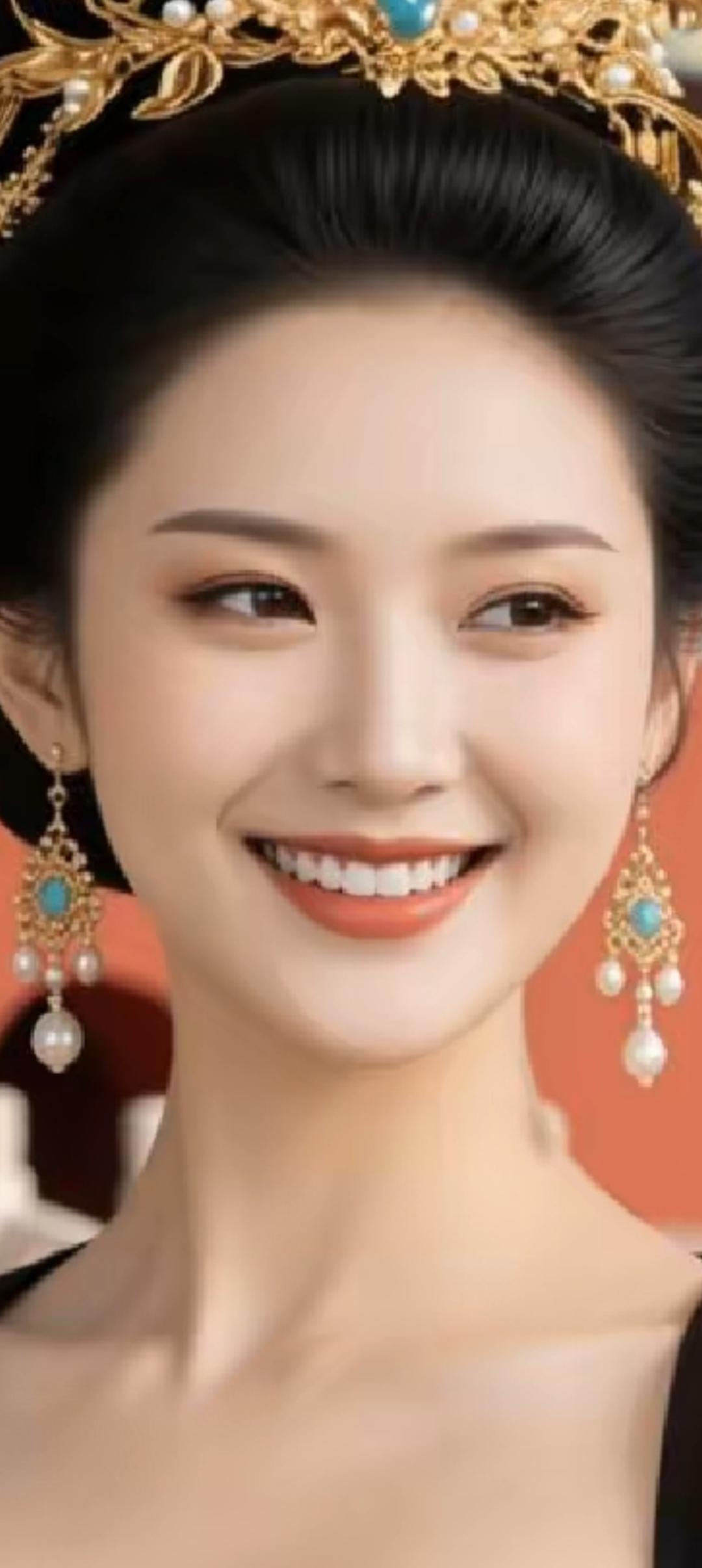 惊艳的古典美人，头戴金冠，耳坠璀璨，笑容动人！