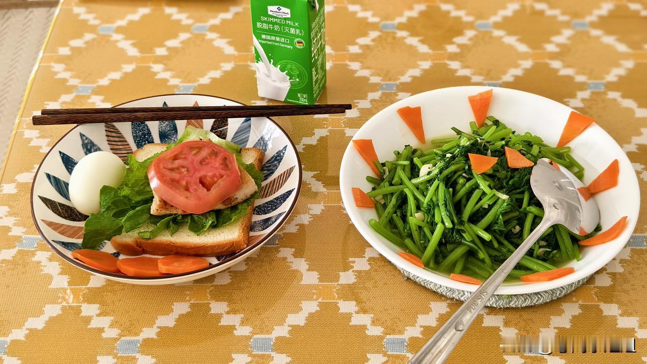 蒜蓉蒿子秆，煎鸡胸。
依然是轻食，煎鸡胸肉做三明治。
早餐简单，但也挺费时，时间