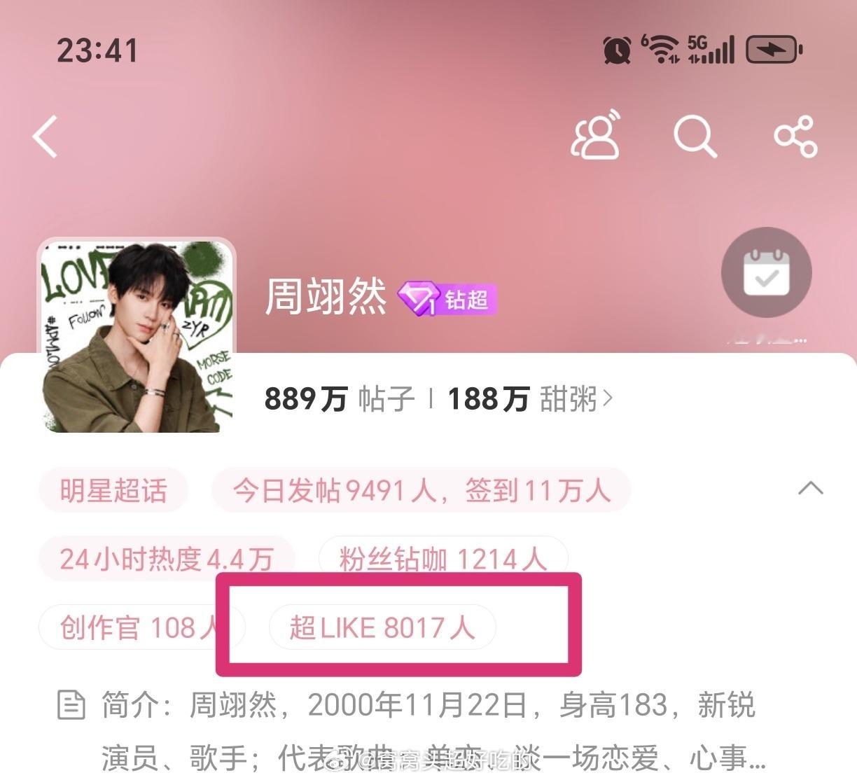 周翊然超Like破8000！易燃越来越🔥，00生赛道又一个大流量。 ​​​