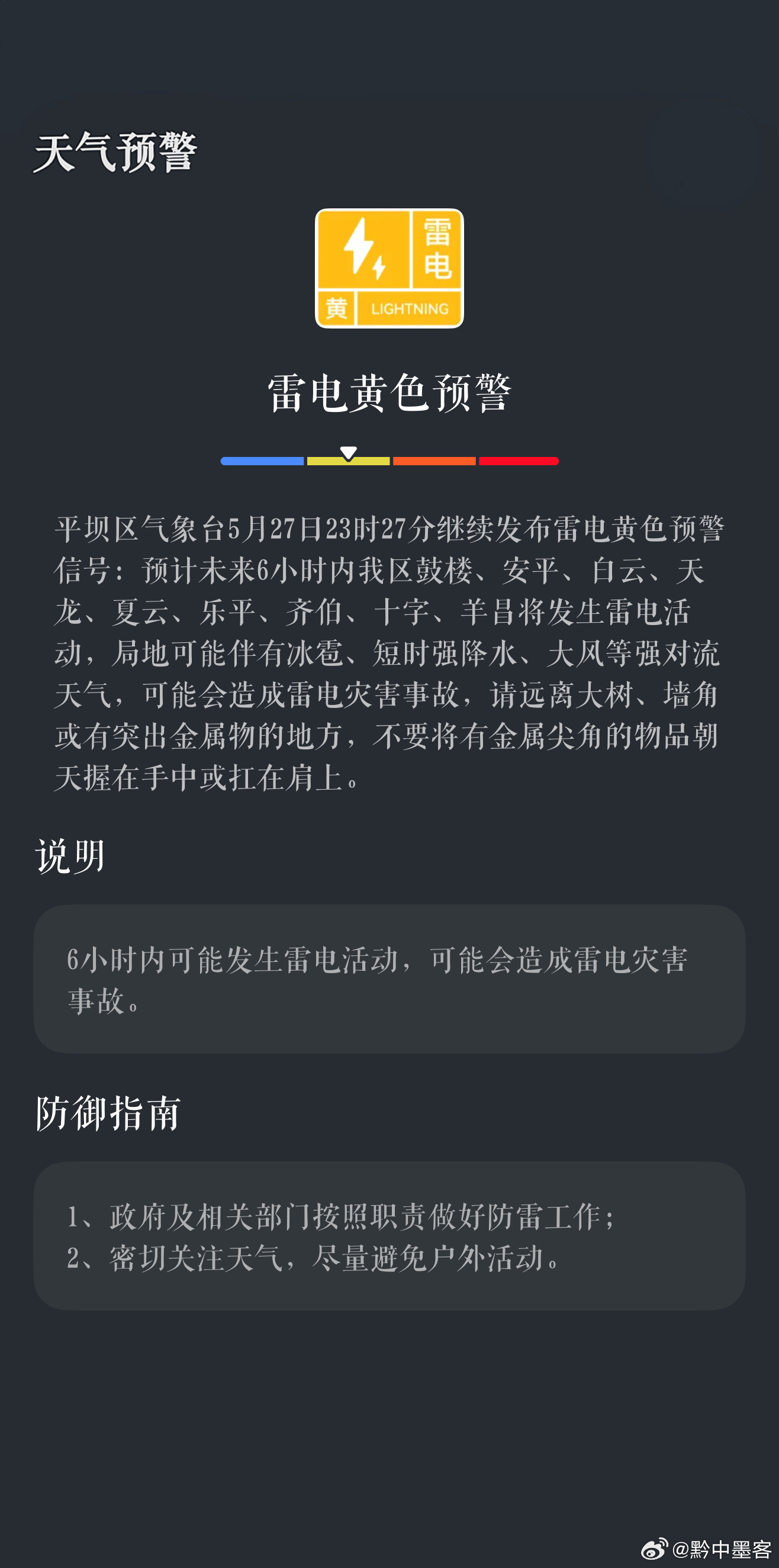 天气预报平坝天气 平坝区气象台5月27日23时27分继续发布雷电黄色预警信号：预