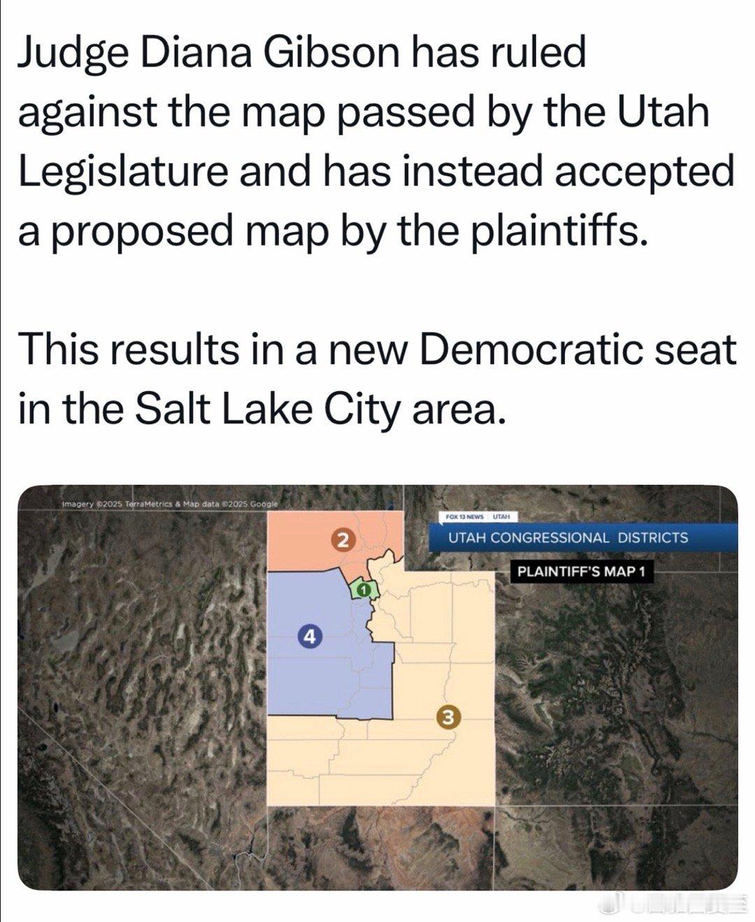 犹他法官判：共和党控制的州议会，划分的选区图不合法法官批准的图，盐湖城多了一个倾