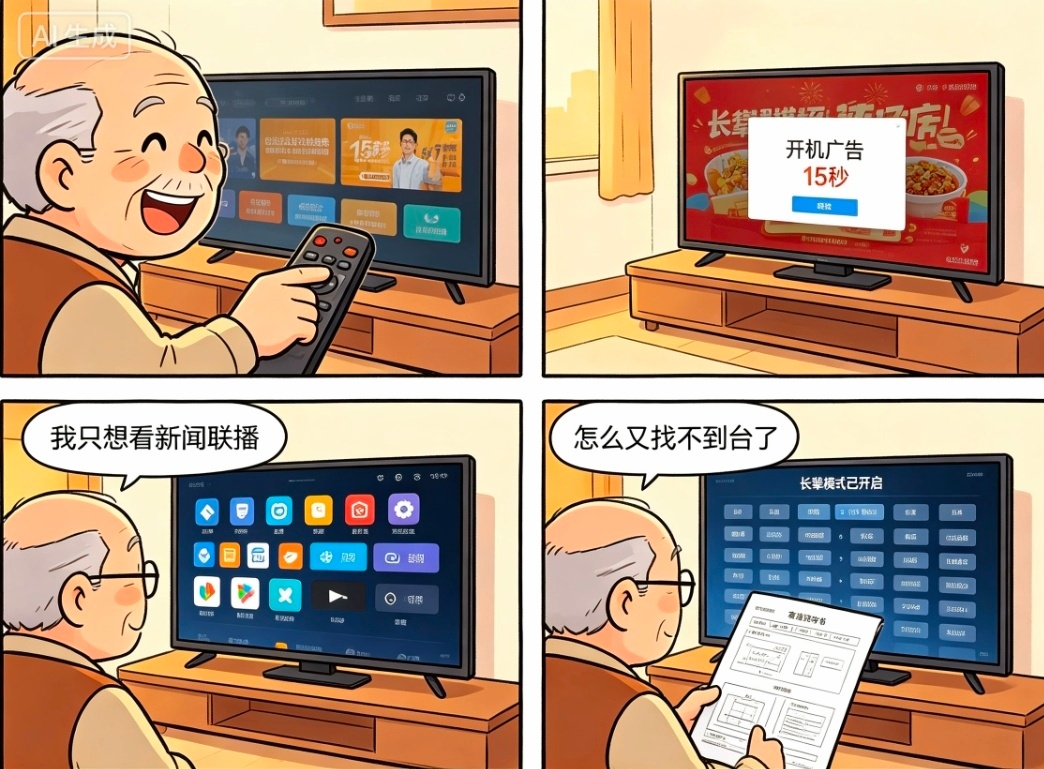 为什么老人越来越不会用电视了 以前的电视，通电开机直接出画面。上下键换台、旋钮调