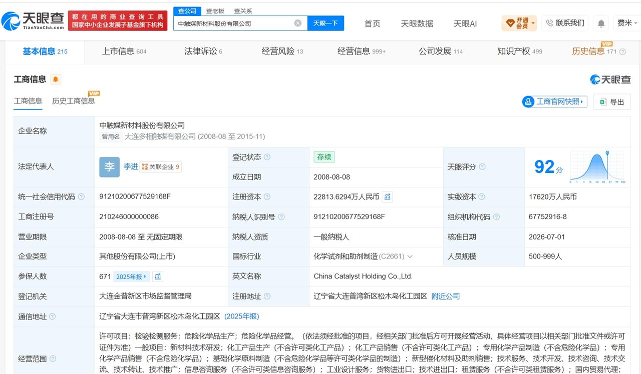 天眼查App显示，近日，中触媒（688267）发生工商变更，注册资本由约1.8亿