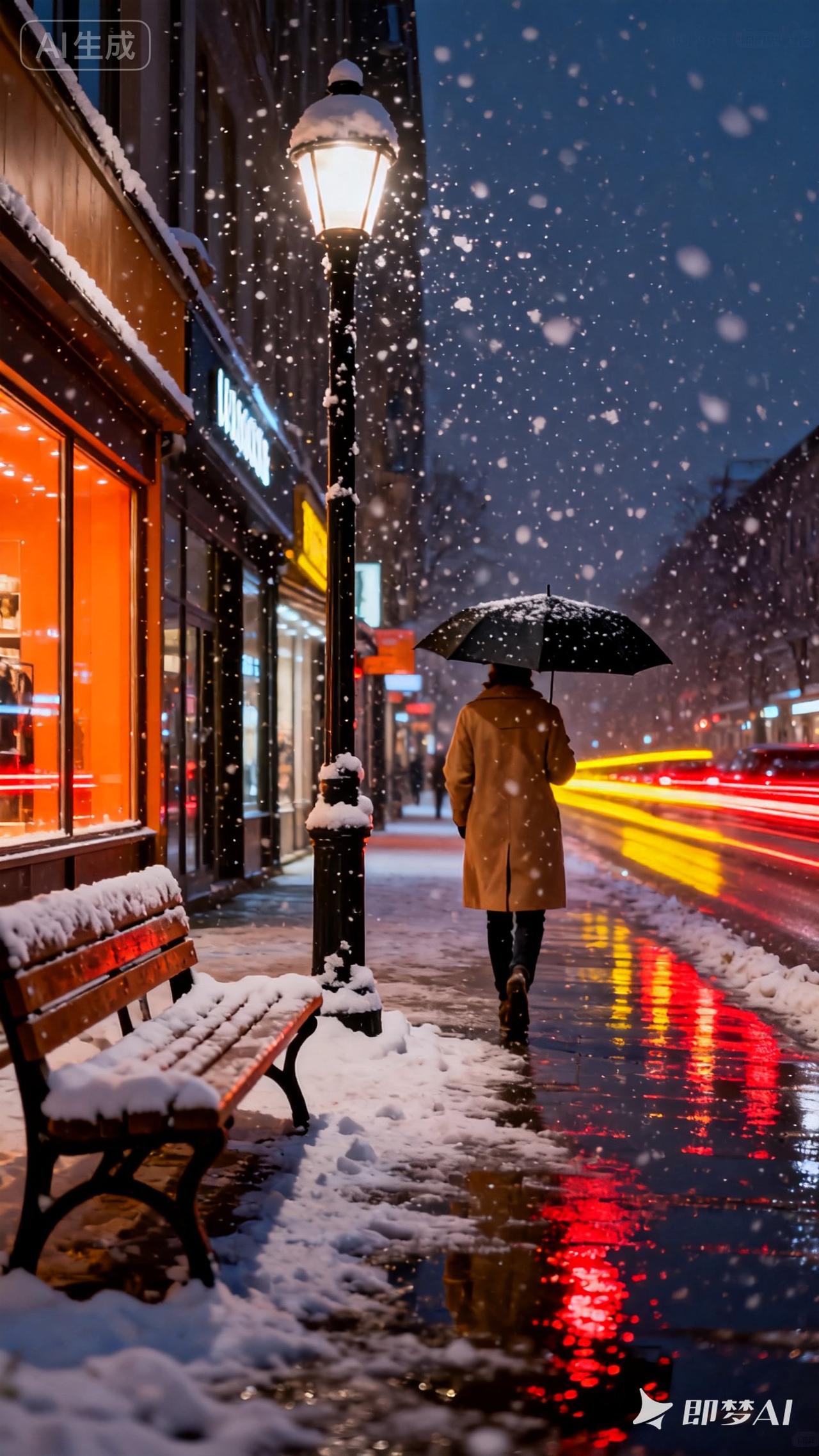 一张图证明冬天来了在雪花纷飞的夜晚，城市街道静谧而温暖。一位身穿棕色大衣、撑着黑