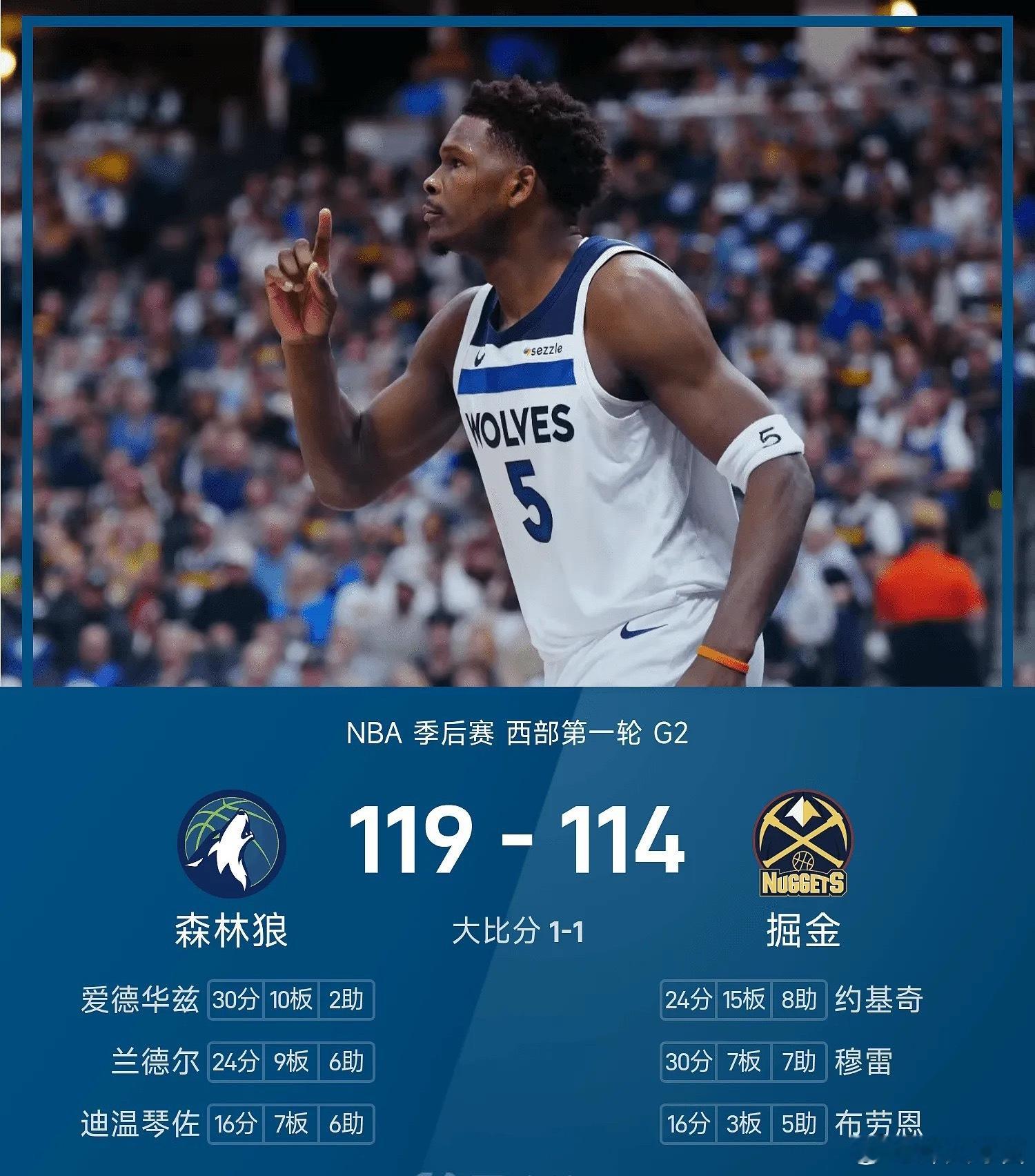 25/26赛季NBA 季后赛 西部第一轮，掘金对阵森林狼。双方全场战罢，掘金11