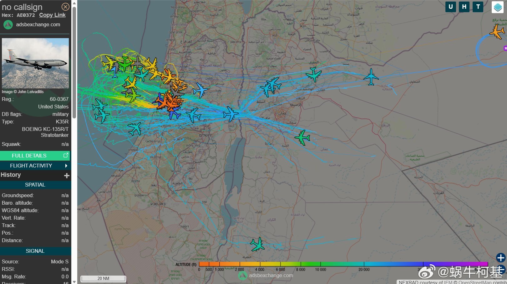 过去 48 小时内以色列和约旦上空的加油机飞行情况，一共61架次，其中包括两架相