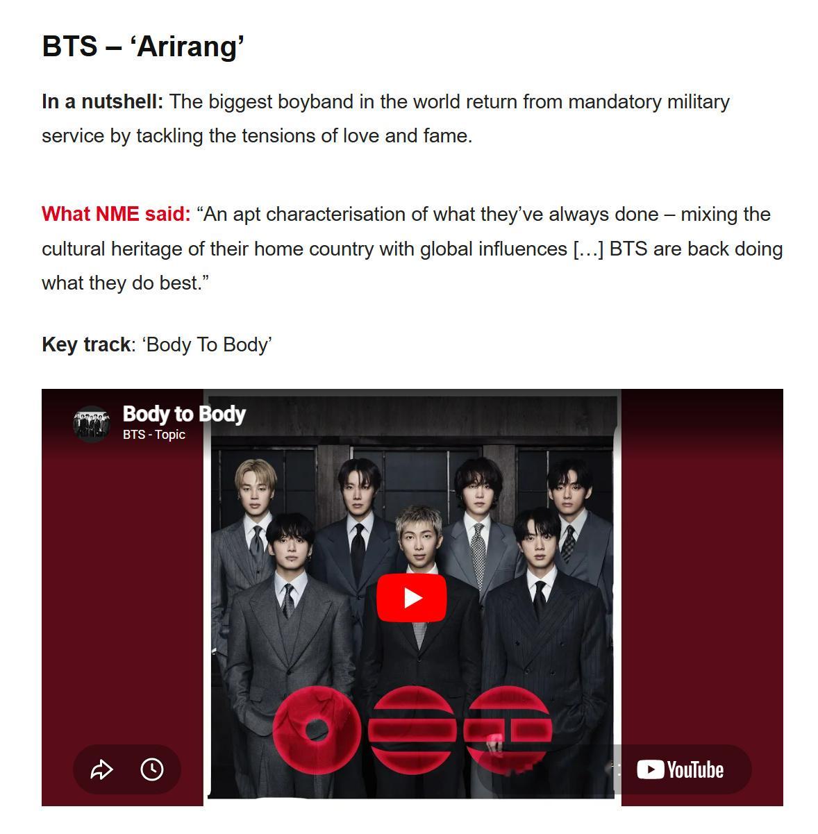 BTS《ARIRANG》入选 NME 评选的2026年迄今为止最佳专辑，成为唯一