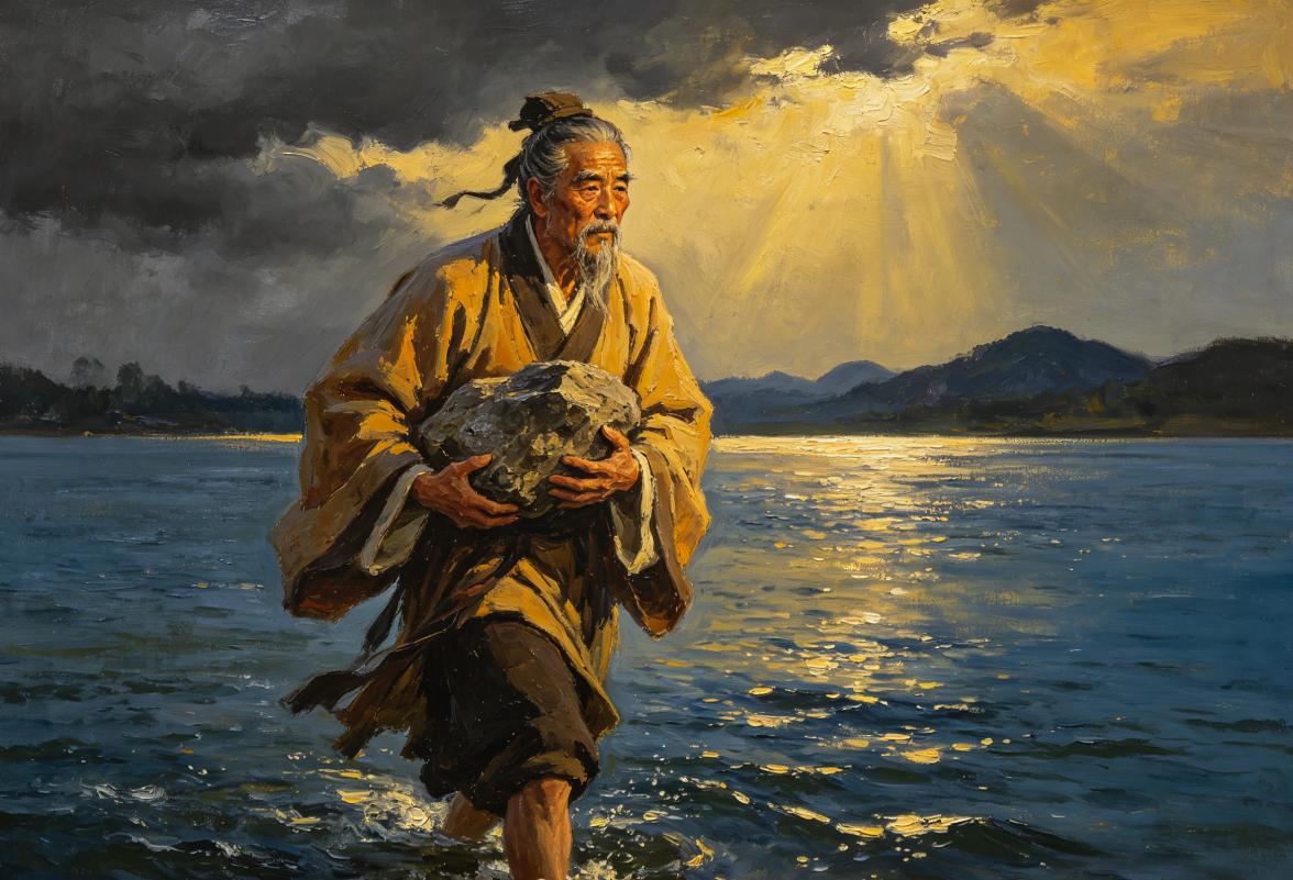 公元前278年，农历五月初五。

62岁的屈原抱着石头，一步一步走进汨罗江。
