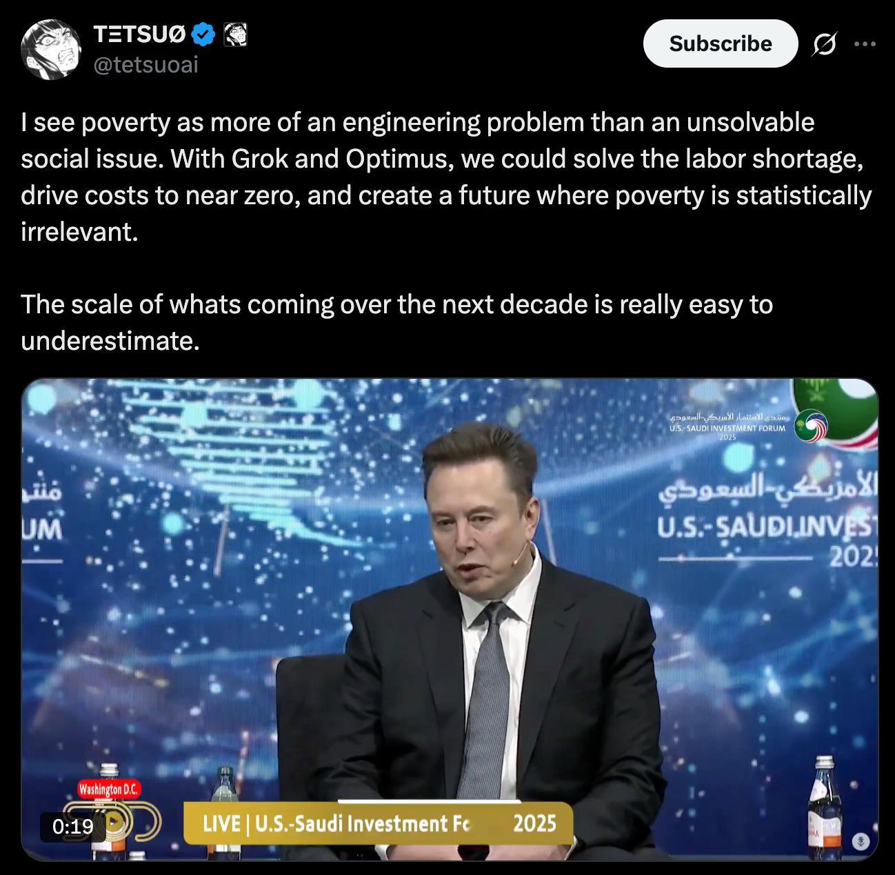 elon musk：我认为贫困更多的是一个工程问题，而不是一个无法解决的社会问题
