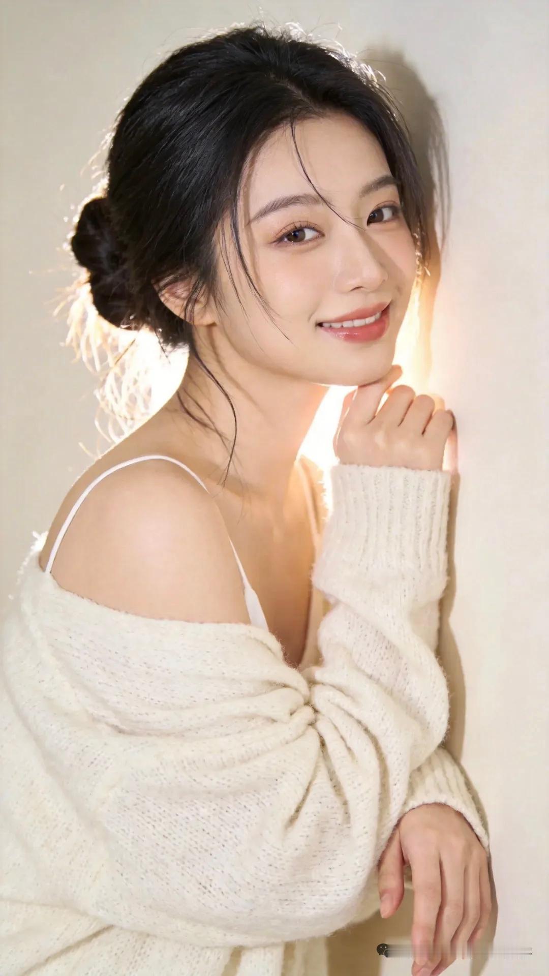 晒图笔记大赛温柔甜美的少女，一身白毛衣短裙，光照美人如玉，暖光下的迷人微笑。