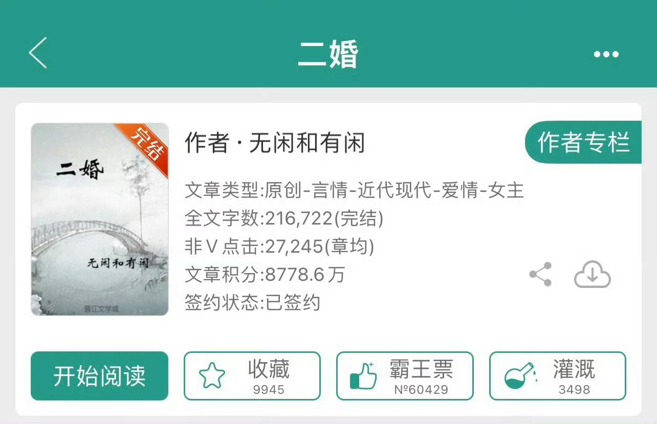 小说推荐：《二婚》 作者:无闲和有闲简评：看似绵软实则果断女主vs风流痞气人渣男