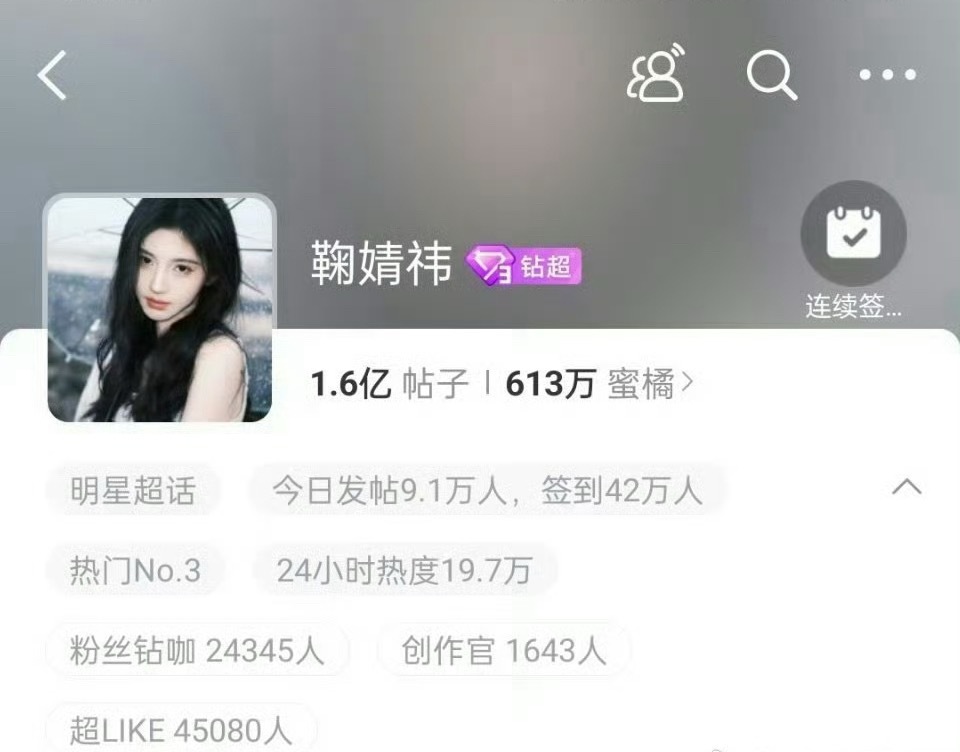 鞠婧祎超话签到破42万鞠婧祎 ​​​