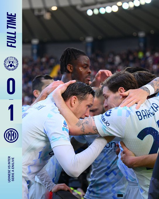 国际米兰客场1-0小胜乌迪内斯，延续意甲近9轮8胜1平的强势，先赛1场以6分优势