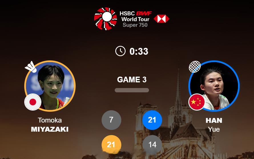 女单 1/4赛 宫崎友花 7-21 21-14 韩悦(4)决胜局！2025年法国