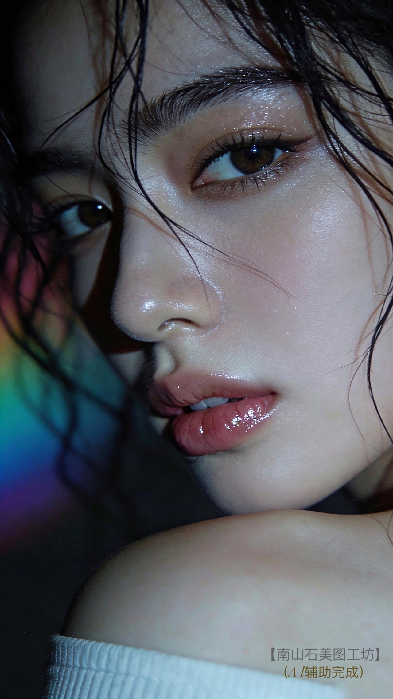 湿发轻缠，肌肤凝脂泛柔光，眼藏星浪，唇润如樱。肩颈线漾着慵懒优雅，在暗调霓虹里，