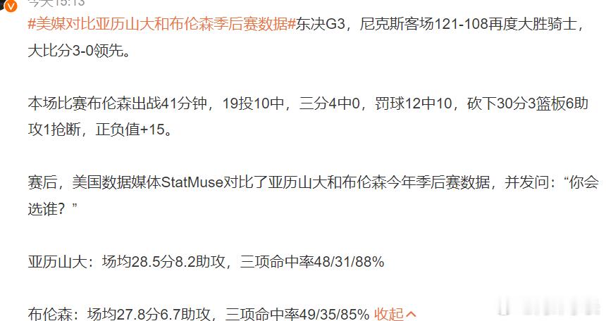 美媒对比亚历山大和布伦森季后赛数据美媒对亚历山大和布伦森的季后赛数据对比显示，两