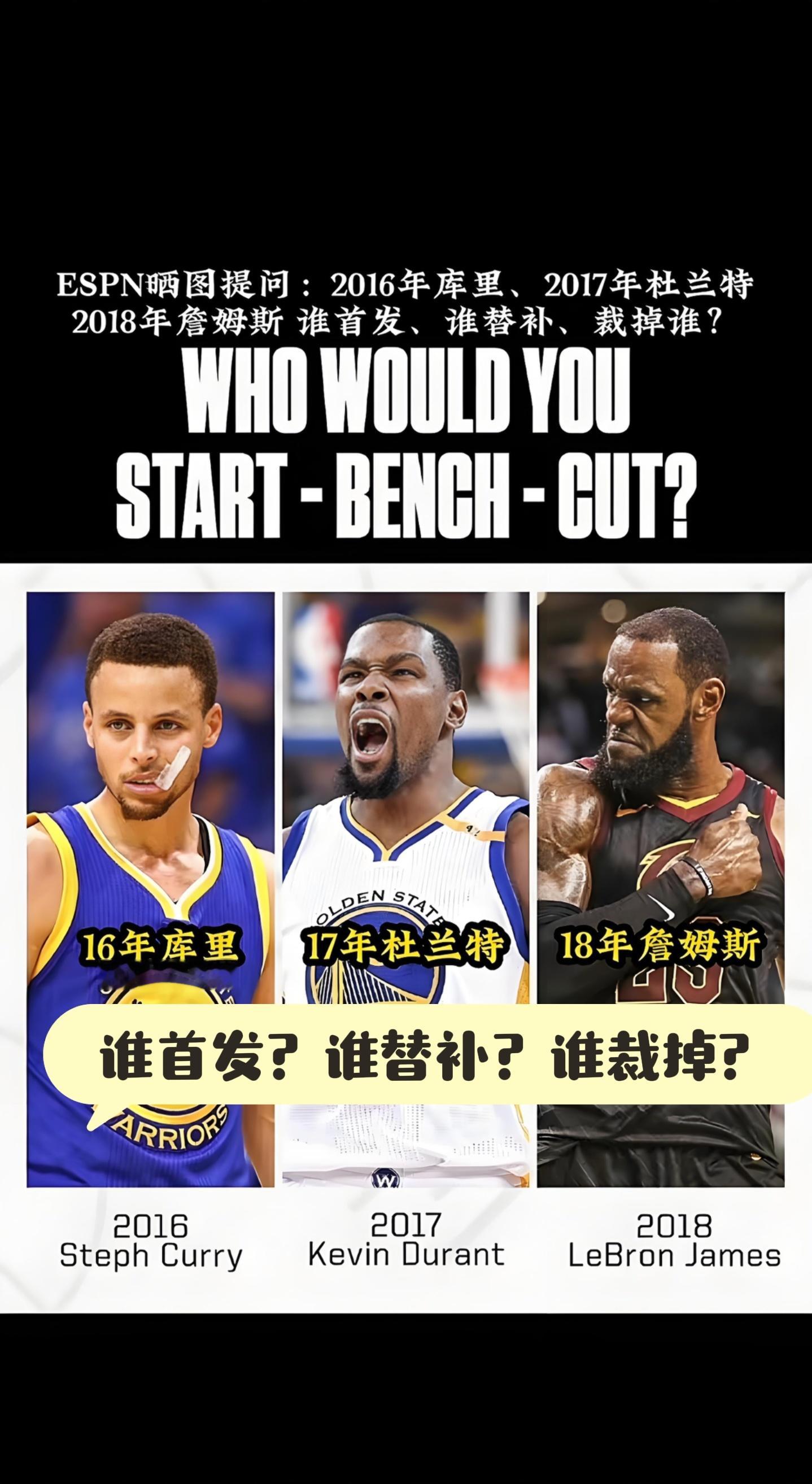 2016年库里、2017年杜兰特、2018年詹姆斯！谁首发？谁替补？裁掉谁？ ​
