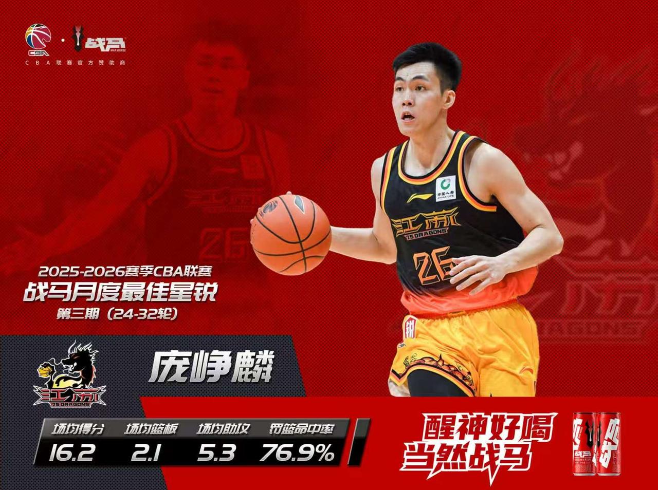 【2025-2026赛季战马第3期月度最佳星锐球员——庞峥麟】恭喜江苏肯帝亚球员