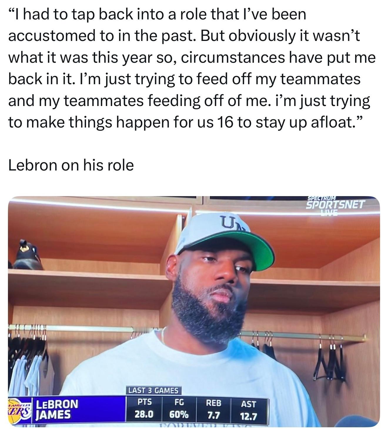 詹姆斯谈自己的角色：“我必须重新找回过去习惯的角色定位。但显然，今年情况已经不同