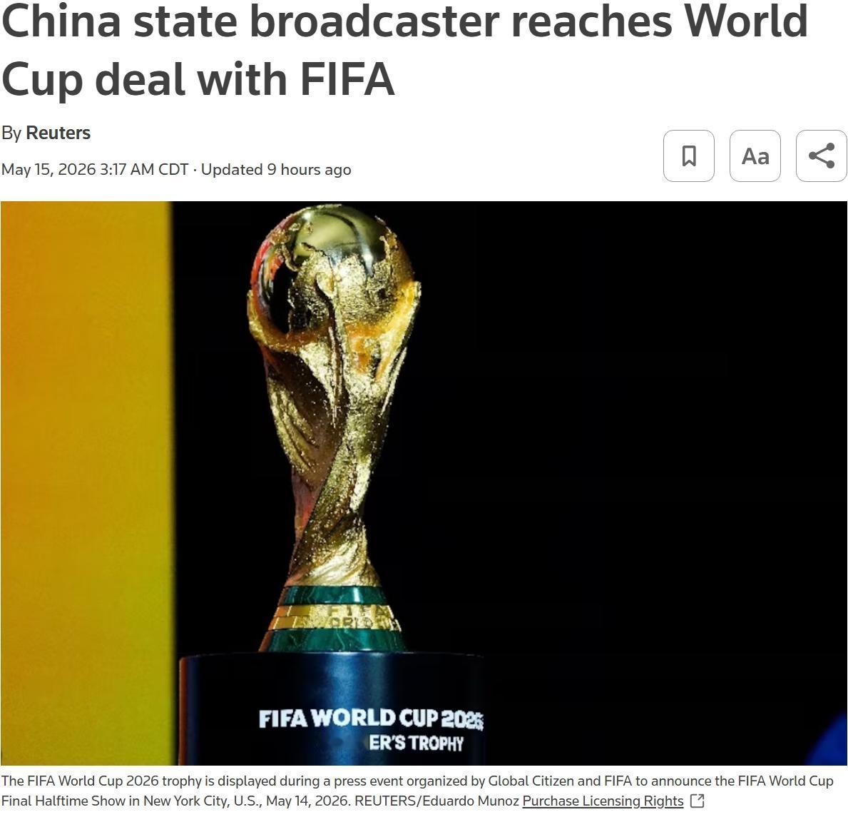 国际足联与中国达成转播协议

中国传媒集团周五表示，已与国际足联达成了世界杯转播