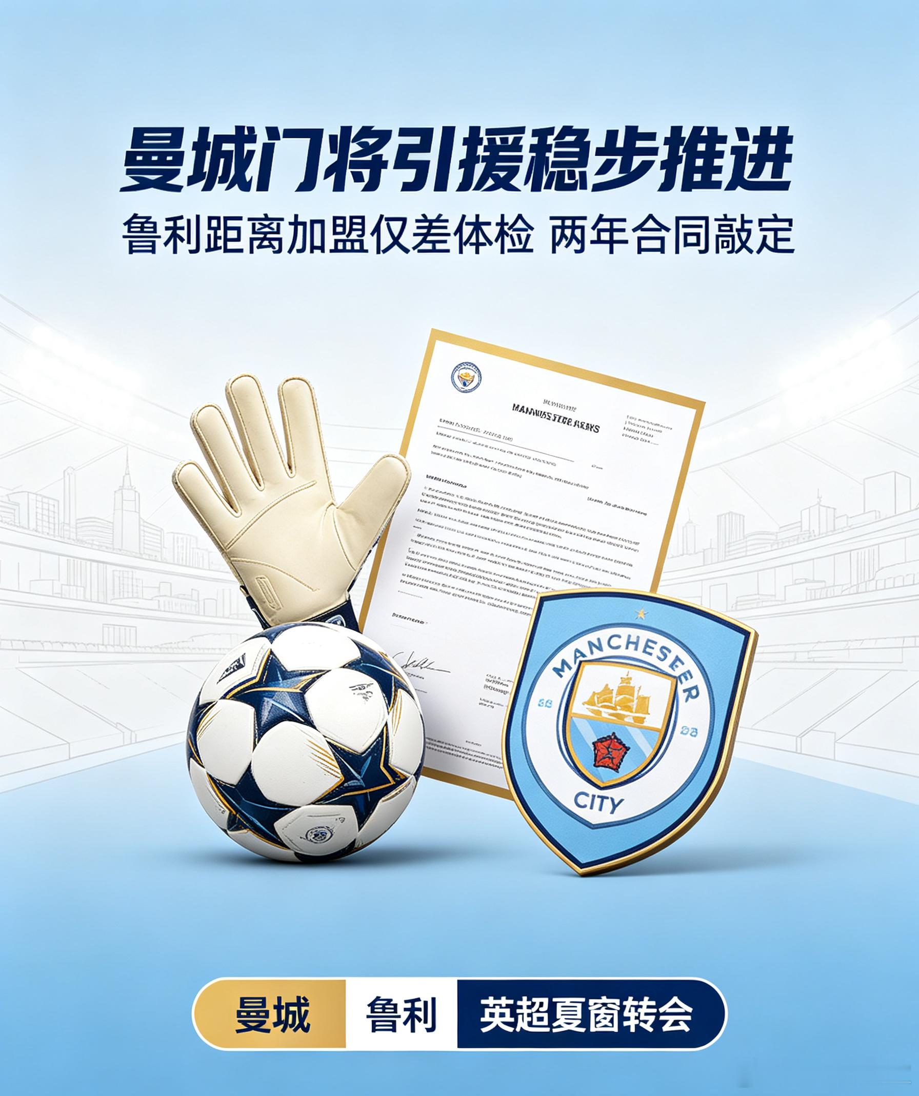 曼城门将补强工作有序推进，阿根廷门将鲁利只差体检便可完成签约，球队与球员敲定一份