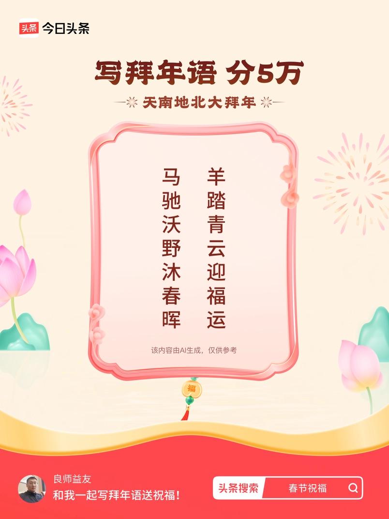 写拜年语送祝福新春拜年送祝福！我的祝福是：“马驰沃野沐春晖，羊踏青云迎福运”！快