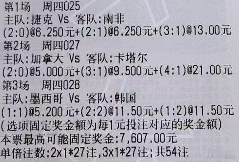 贪总足球：2串：021+022025 世界杯 捷克vs南非胜 2-0 2-1 3