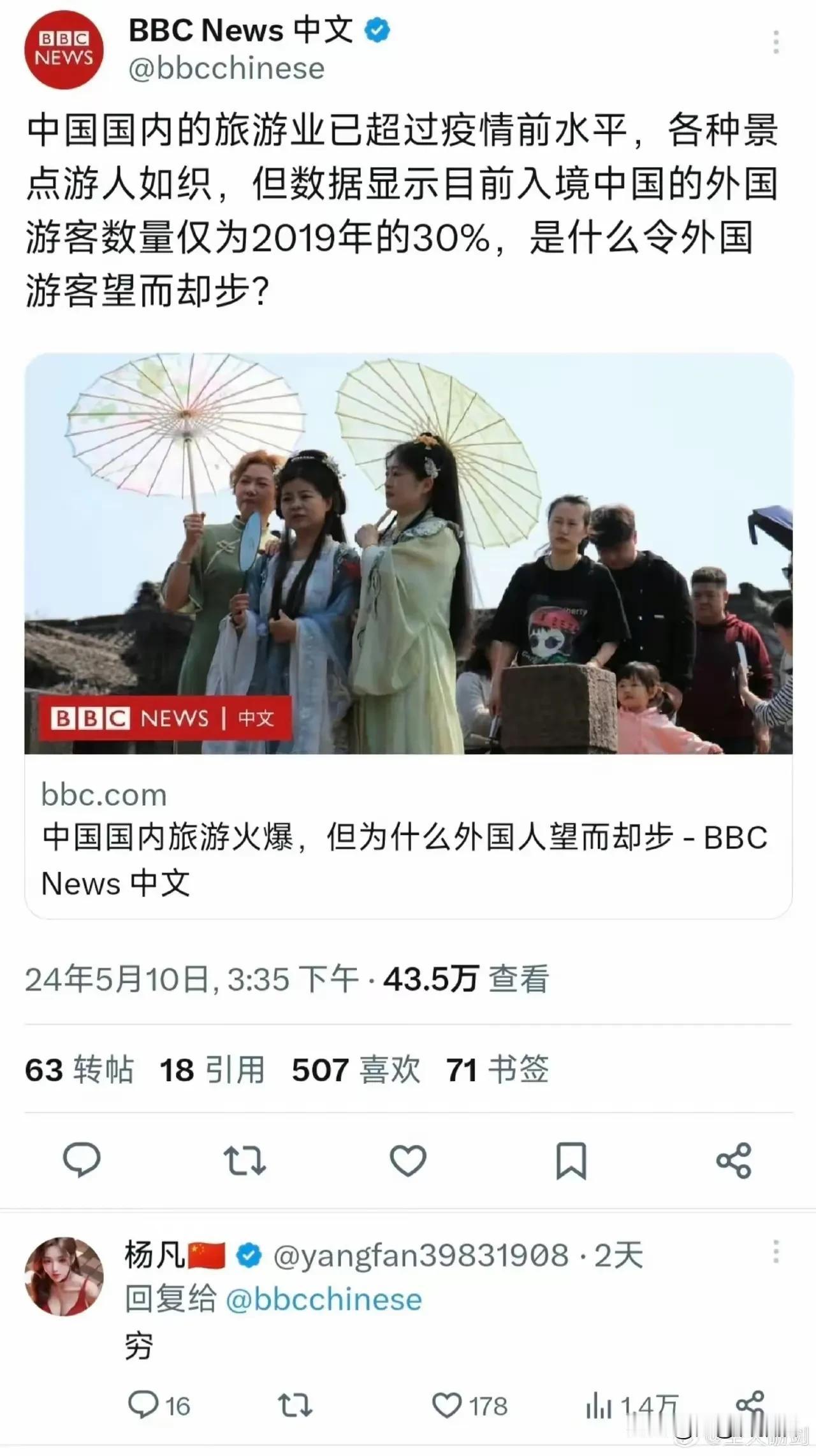中国国内旅游火爆，外国游客入境的却少，BBC报道讨论原因，结果有网友回复称是因为