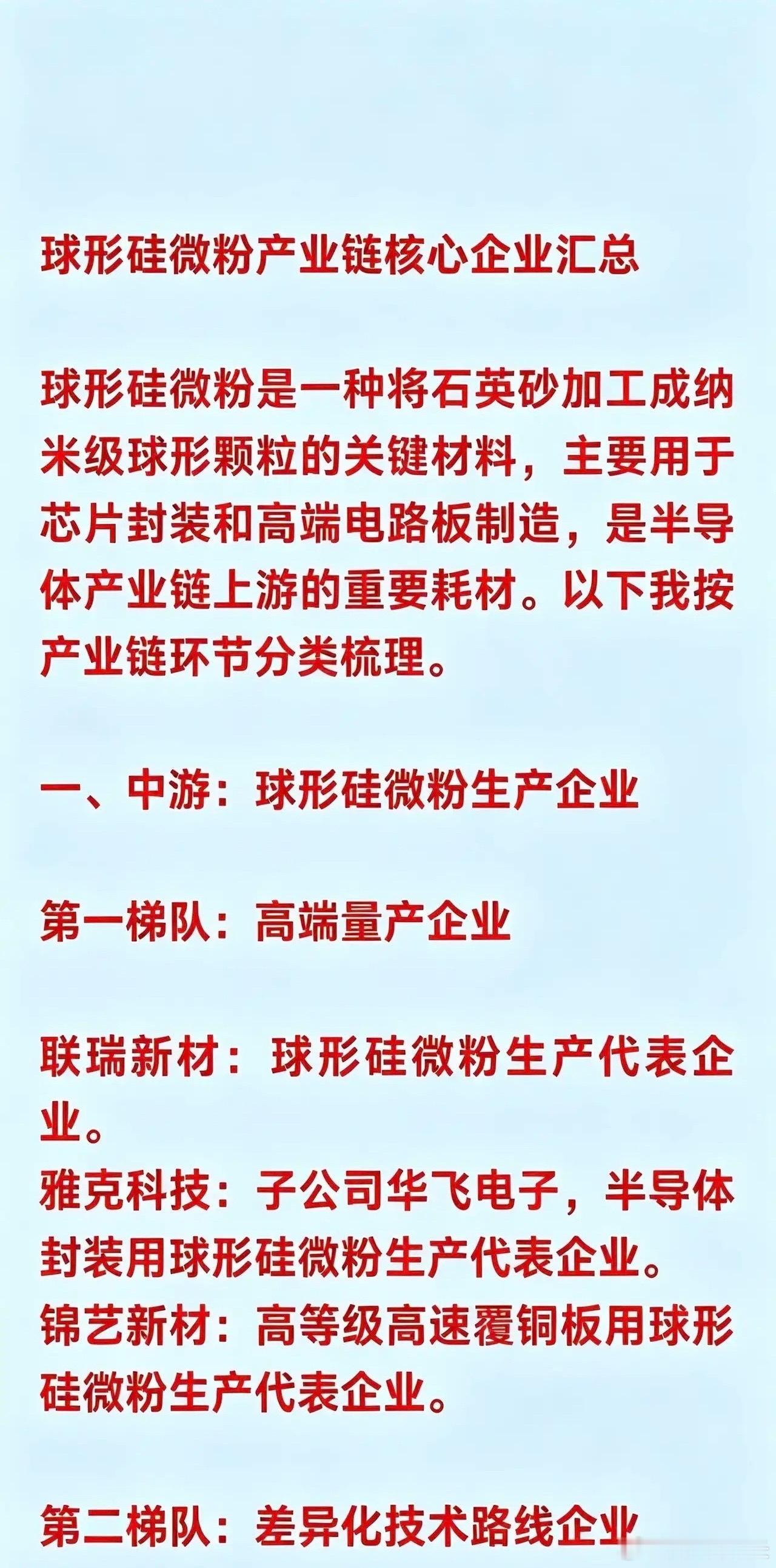 球形硅微粉产业链核心企业汇总球形硅微粉是一种将石英砂加工成纳米级球形颗粒的关键材