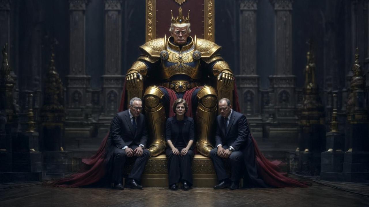 据美媒：特朗普发布照片，把自己比作国王，而查克·舒默和其他民主党人则在膝下。